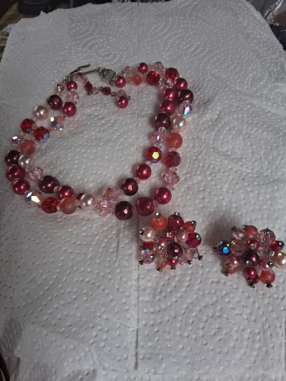 Pink Multi-Bead Necklace and Clip-On Earring Set